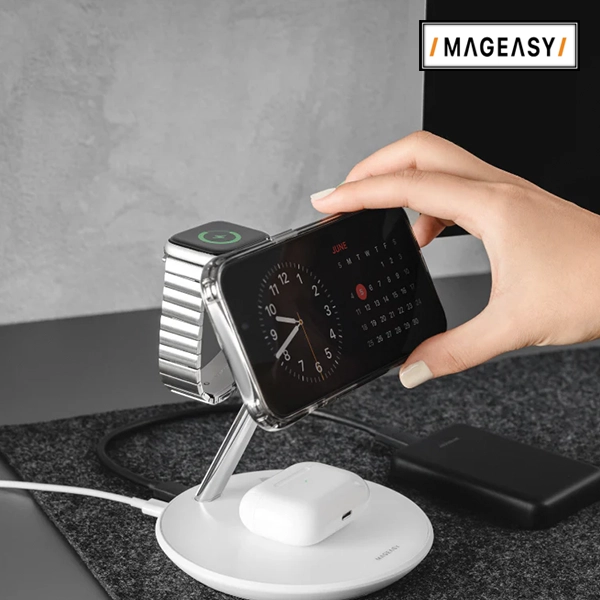 MAGEASY POWER STATION 5-IN-1 MAGNETIC WIRELESS CHARGING STAND WITH QI2 45W-WHITE - Image 2