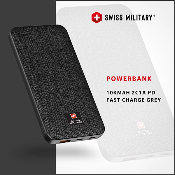 SWISS MILITARY SM POWER BANK 10K MAH 2C1A PD FAST CHARGE BLACK