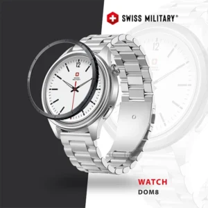 DOM8 SWISS MILITARY SMARTWATCH SILVER FRAME WITH SILVER STEEL & BLACK SILICON STRAPS