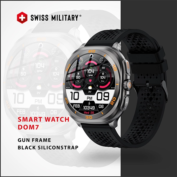 SWISS MILITARY DOM7 SMART WATCH WITH GUN FRAME BLACK SILICON STRAP