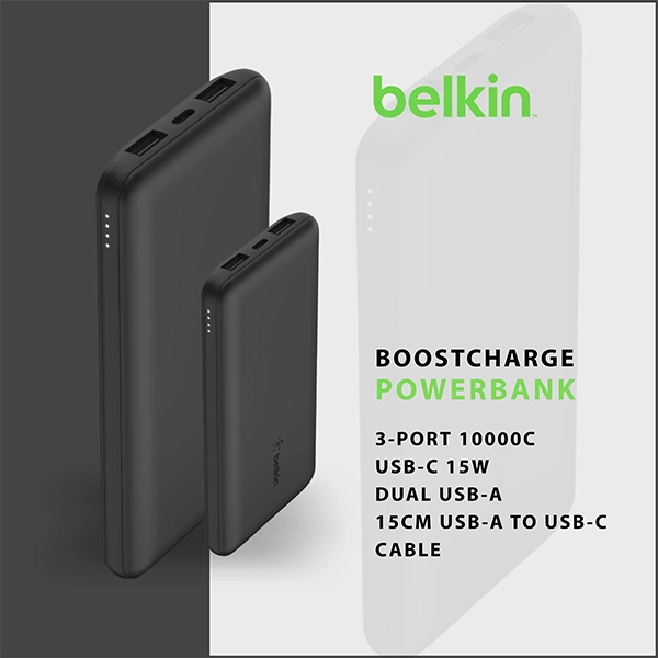 BELKIN BOOSTCHARGE 3-PORT 10K POWER BANK WITH USB-C 15W DUAL USB-A BLACK
