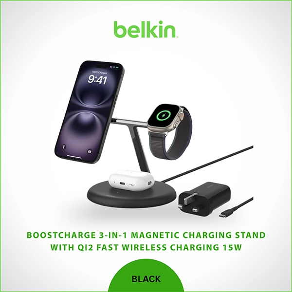 BELKIN BOOSTCHARGE 3-IN-1 MAGNETIC CHARGING STAND WITH QI2 FAST WIRELESS CHARGING 15W – BLACK