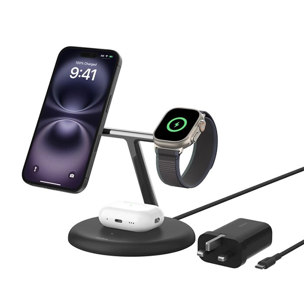 BELKIN BOOSTCHARGE 3-IN-1 MAGNETIC CHARGING STAND WITH QI2 FAST WIRELESS CHARGING 15W – BLACK - Image 2