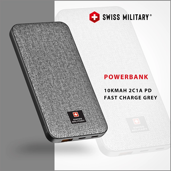 SWISS MILITARY SM POWER BANK 10K MAH 2C1A PD FAST CHARGE GREY