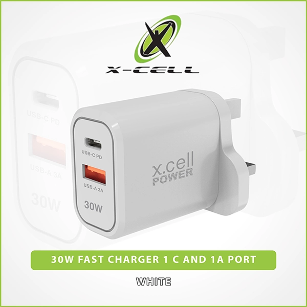 XCELL A/C HOME WALL CHARGER 30W 1C + 1A PORT WHITE