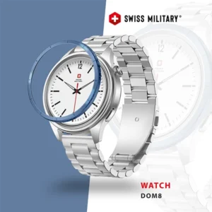 DOM8 SWISS MILITARY SMARTWATCH SILVER FRAME WITH SILVER STEEL & BLUE STRAPS