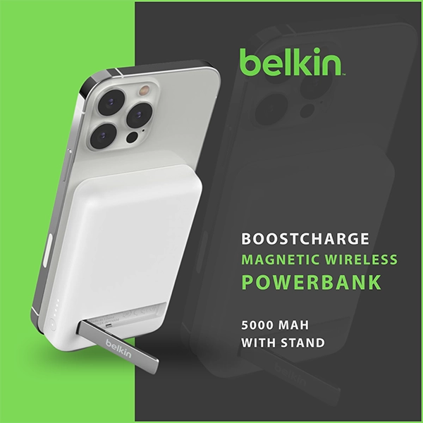 BELKIN BOOSTCHARGE MAGNETIC WIRELESS POWER BANK 5K WITH STAND IPHONE 14/13/12 - WHITE