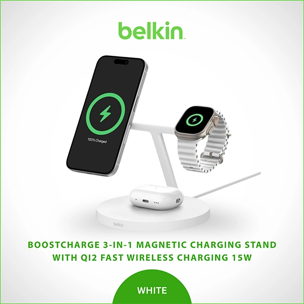 BELKIN BOOSTCHARGE 3-IN-1 MAGNETIC CHARGING STAND WITH QI2 FAST WIRELESS CHARGING 15W – WHITE