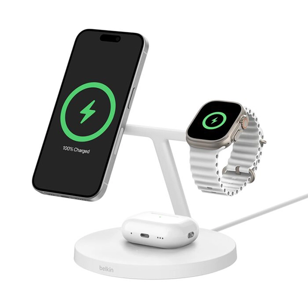 BELKIN BOOSTCHARGE 3-IN-1 MAGNETIC CHARGING STAND WITH QI2 FAST WIRELESS CHARGING 15W – WHITE - Image 2