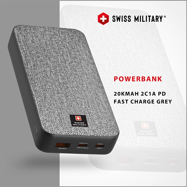 SWISS MILITARY SM POWER BANK 20K MAH 2C1A PD FAST CHARGE GREY