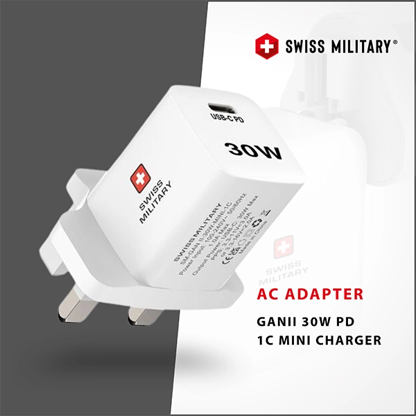 SWISS MILITARY AC ADAPTER GANII 30W PD 1C MINI CHARGER WHITE