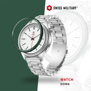 DOM8 SWISS MILITARY SMARTWATCH SILVER FRAME WITH SILVER STEEL & GREEN RING