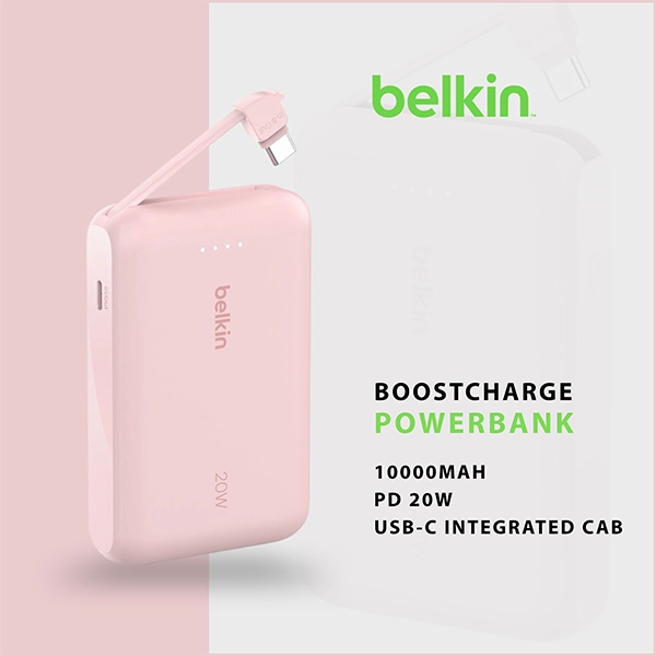 BELKIN BOOSTCHARGE POWER BANK 10K PD 20W WITH USB-C INTEGRATED CABLE PINK