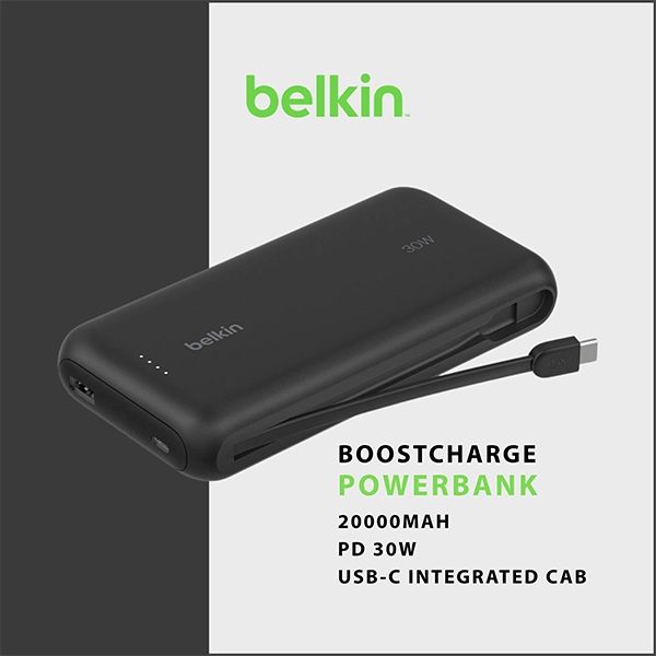 BELKIN BOOSTCHARGE POWER BANK 20K PD 30W WITH USB-C INTEGRATED CABLE AND USB-C & USB-A PORTS BLACK