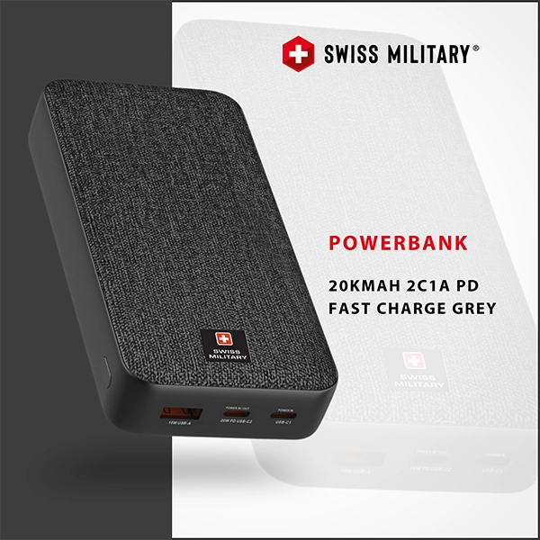 SWISS MILITARY SM POWER BANK 20K MAH 2C1A PD FAST CHARGE BLACK