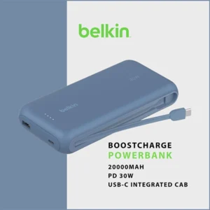 BELKIN BOOSTCHARGE POWER BANK 20K PD 30W WITH USB-C INTEGRATED CABLE AND USB-C & USB-A PORTS BLUE