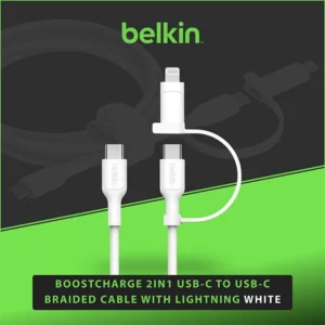 BELKIN BOOSTCHARGE 2-IN-1 USB-C TO USB-C BRAIDED CABLE WITH LIGHTNING, WHITE