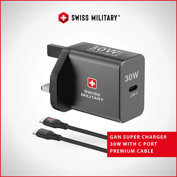SWISS MILITARY GAN SUPER CHARGER 30W WITH C PORT – PREMIUM CABLE INCLUDED