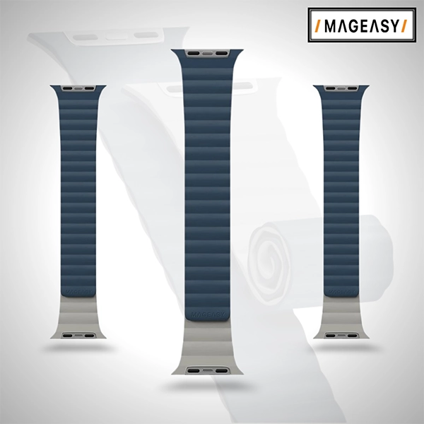 MAGEASY SKIN DUO REVERSIBLE SILICONE MAGNETIC APPLE WATCH BAND FOR APPLE WATCH 44/45/46/49MM – MIDNIGHT BLUE/CONCRETE GRAY