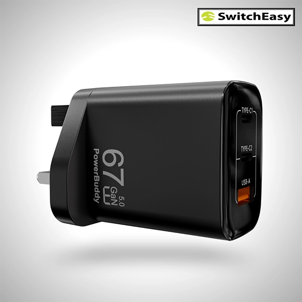SWITCHEASY POWERBUDDY 5.0 GAN COMPACT WALL CHARGER 67W 3 PORT USB-C X2 USB-A X1 UK – BLACK