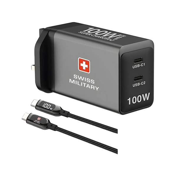 SWISS MILITARY AC ADAPTER GANII 100W – 2C PORTS WITH CABLE - Image 2