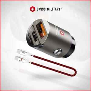 SWISS MILITARY 30W PD CAR CHARGER – USB-C AND USB-A WITH BRAIDED CABLE