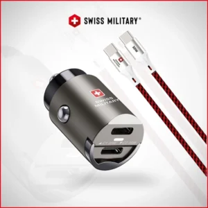 SWISS MILITARY 35W PD CAR CHARGER – DUAL USB-C WITH BRAIDED CABLE