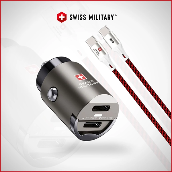 SWISS MILITARY 35W PD CAR CHARGER – DUAL USB-C WITH BRAIDED CABLE