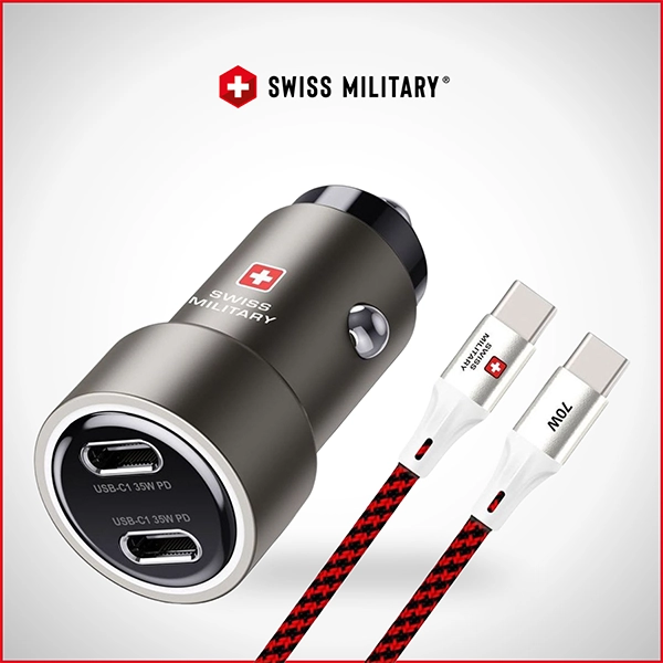 SWISS MILITARY 70W PD CAR CHARGER – DUAL USB-C WITH BRAIDED CABLE