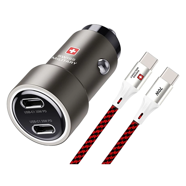 SWISS MILITARY 70W PD CAR CHARGER – DUAL USB-C WITH BRAIDED CABLE - Image 2