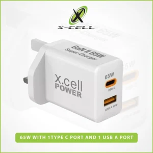 XCELL GAN CHARGER 65W – 1 TYPE-C PORT & 1 USB-A PORT WHITE